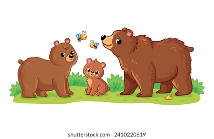 A cute family of bears stands in a green meadow on a white background. Vector illustration with cute forest animals in cartoon style. The bear cub with its Mom and Dad.
