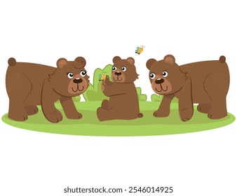 Una linda familia de osos se encuentra en un prado verde sobre un fondo blanco. Ilustración vectorial con lindos animales del bosque en estilo de dibujos animados. El cachorro de oso con su mamá y papá.