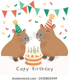 Lindo capibara grande y pequeño de la familia en gorras festivas soplando velas en un pastel de cumpleaños, banderas rojas y verdes, confeti colorido. Inscripción de cumpleaños de Capy. Postal, tarjeta de felicitación, invitación