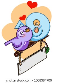 cute family bird illustration and hearts and banner