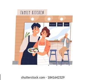 Cute Family Cafe With Happy Small Business Owners Working. Young Couple Holding A Plate With Breakfast Meal And A Client Eating Dish. Vector Illustration In Flat Cartoon Style