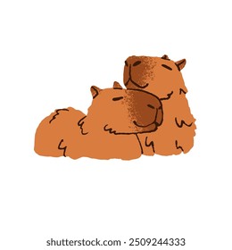 Cute family of capibara cuddles with faces. Adorable couple of capybara embraces. Muzzles of amusing rodents. Animals love together. Flat isolated hand drawn vector illustration on white background