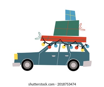 Cute family car decorated with colorful light bulbs taking home boxed gifts for Christmas on the roof flat vector illustration