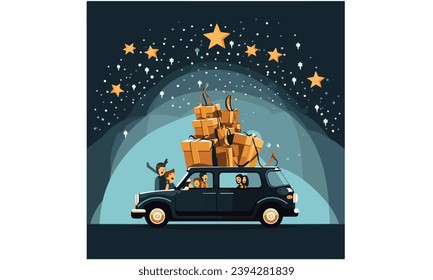 Cute family car decorated with light bulbs taking home boxed gifts for Christmas on the roof black flat vector black illustration white background 