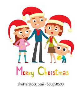 Cute family in cartoon style isolated on white. Vector greeting card or poster for Christmas with happy husband, wife, son and daughter in santa hat.