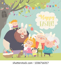 Cute family celebrating Easter. Father, mother, grandfather, grandmother, son, daughter