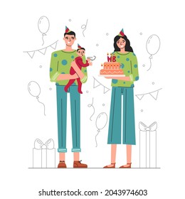 Cute family celebrating first baby boy birthday isolated on white. Festive concept design with smiling characters in hats. Birthday party with confetti and balloons. Vector flat colorful illustration