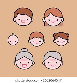 Cute Family Characters Vector Set - Parents, Kids, Grandparents, Baby