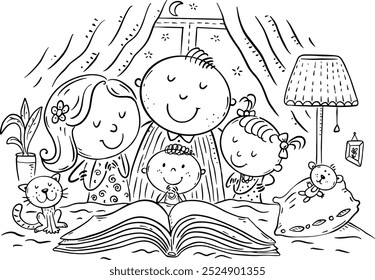 Cute family with children praying together before bedtime, Christianity and Religion. Cartoon outline vector illustration