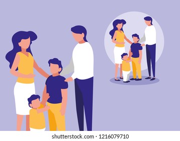 cute family with childrens avatar character