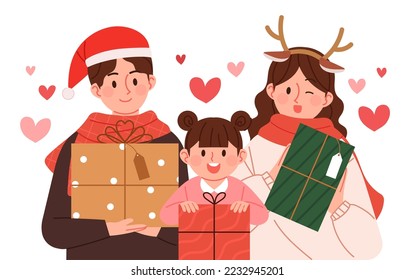 Cute family with Christmas gifts. mother, father and daughter. Christmas holiday concept vector illustration.