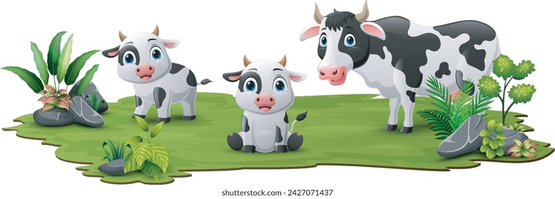 Cute family cow cartoon in the grass