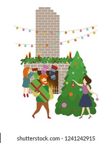 Cute family decorating Christmas tree with baubles and garlands. Happy family preparing gifts for holiday. Merry Christmas and Happy New Year. Colorful vector illustration in flat cartoon style