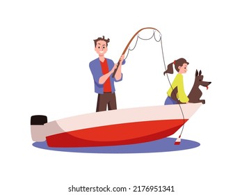 Cute family with dog fishing from boat, flat cartoon vector illustration isolated on white background. Father and child cartoon characters in boat fishing.