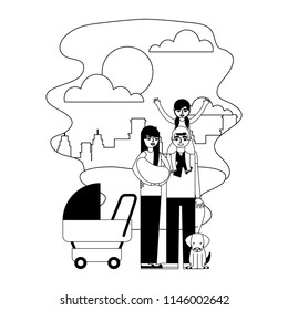 cute family with dog mascot in landscape