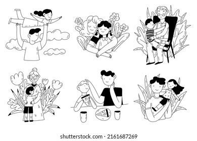 Cute Family Doodle Set. Hand Drawn Outline Illustration With Parents, Grandparents, Children. Happy Family Black And White Drawing.