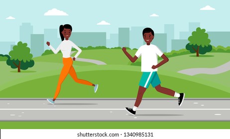 Cute family dressed in sportswear running or jogging in park. Happy man and woman training outdoor together. Sports activity, healthy lifestyle. Colorful vector illustration in flat cartoon style.