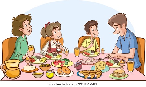 la familia linda está comiendo en la mesa de la cena están desayunando vector de dibujos animados