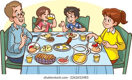 cute family are eating at the dinner table they are having breakfast cartoon vector