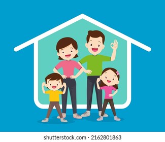 Cute family Exercise together with them house icon background.Strong family Surrounded by Immunity.Healthy family concept.