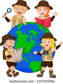 Cute Family Explorer Around a Globe