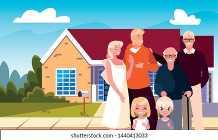 cute family with facade house