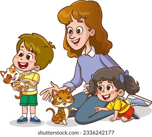 cute family feeding cute cats vector.children and their parents who feed stray animals