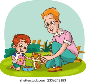 cute family feeding cute cats vector.children and their parents who feed stray animals