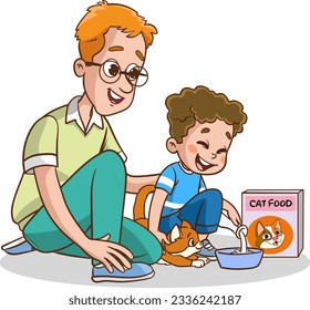 cute family feeding cute cats vector.children and their parents who feed stray animals