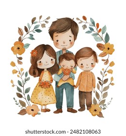 linda familia con la Ilustración vectorial de la corona de flores en estilo acuarela