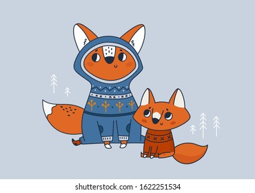 Cute family of fox. Mom and child. Best mother, dad ever. Childish vector forest animal character illustration. Ideal for cards, poster, decoration, textile, print, souvenirs, print, calendar