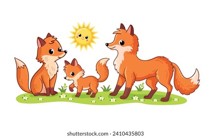 A cute family of foxes stands in a green meadow on a white background. Vector illustration with cute forest animals in cartoon style. The fox cub stands with its parents.