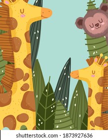 cute family giraffes and monkey jungle safari vegetation cartoon vector illustration