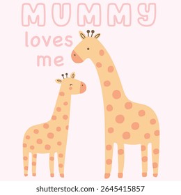 A cute family of giraffes, pink background. Vector illustration with cute African animals in cartoon style. A baby Giraffe stands with its parents.