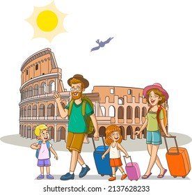 cute family going on vacation to italy and background coliseium vector illustration