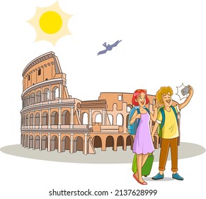 cute family going on vacation to italy and background coliseium vector illustration