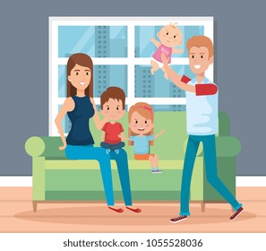 cute family happy in the living room characters