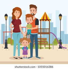 cute family happy in the park characters