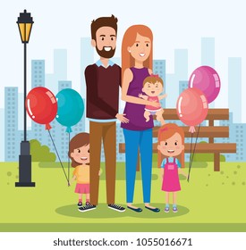cute family happy in the park characters