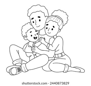 Cute family. Happy sitting woman mother and husband with smiling child son. Outline hand drawing. Vector illustration in doodle style.