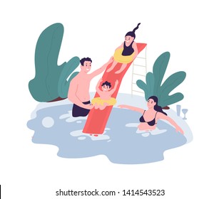 Cute family having fun at water park. Mom, dad and children spend time together in swimming pool. Leisure activity. Funny cartoon characters isolated on white background. Flat vector illustration.