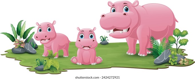 Cute family hippos cartoon in the grass