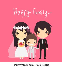 cute family with husband wife and their son in wedding suit with text happy family.vector illustration