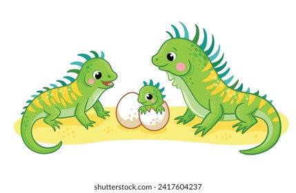 A cute family of iguanas stands on sand on a white background. Vector illustration with cute wild animals in cartoon style. A baby iguana in the egg with his mom and dad.