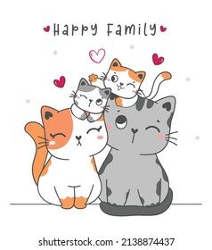 lindo gatito de la familia, mamá, papá, hijo e hija dibujo de ilustración vector