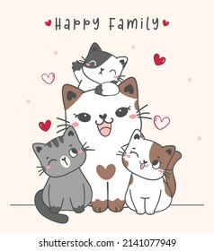 lindo gatito de gatito familiar, mamá, hijo e hija dibujo de ilustración vectorial, madre soltera, concepto del día de la madre