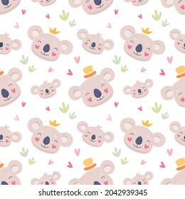 Cute family of koalas seamless pattern. Vector children illustration for print, textiles, wrapping, baby fabric, wallpaper.