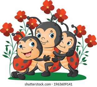 The cute family of the ladybugs with the son and girl are hugging her mother of illustration