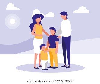 cute family with lanscape icon
