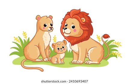 A cute family of lions stands on a green meadow on a white background. Vector illustration with cute African animals in cartoon style. A lion cub with his mom and dad.